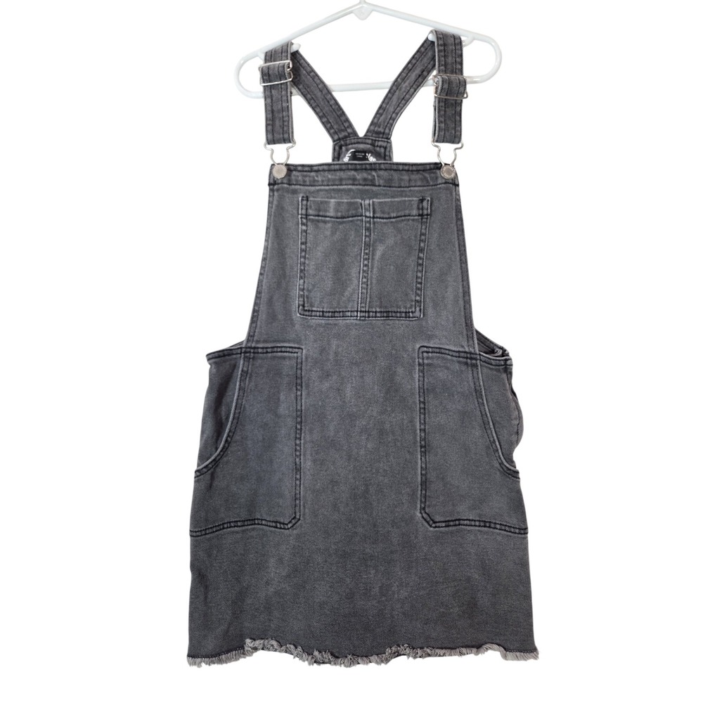 Art Class Pinafore Overall Dress Kids L 10/12 Gray Denim Raw Hem Grunge Casual